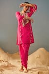 Shop_Samatvam By Anjali Bhaskar_Pink Blended Crepe Geometric, Mirror Round Embroidered Kurta And Dhoti Pant Set _at_Aza_Fashions