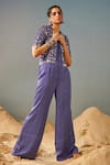 Buy_Samatvam by Anjali Bhaskar_Purple Blended Georgette Satin Printed Bandhani Jumpsuit V Neck With Jacket_Online_at_Aza_Fashions