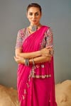 Samatvam by Anjali Bhaskar_Pink Blended Georgette Embroidery Geometric Pre-draped Saree With Peplum Blouse _at_Aza_Fashions