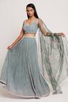 Buy_Sitaraa_Green Organza, Viscose Crepe Chevron Print V Neck Lehenga Set_at_Aza_Fashions