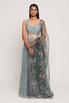 Sitaraa_Green Organza, Viscose Crepe Chevron Print V Neck Lehenga Set_Online_at_Aza_Fashions