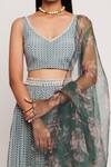 Buy_Sitaraa_Green Organza, Viscose Crepe Chevron Print V Neck Lehenga Set_Online_at_Aza_Fashions