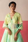 Surbhi Gupta_Green Organza Geometric, Mirror, Sequin V Neck Stella Tie Dye Kurta Lehenga Set _Online_at_Aza_Fashions