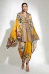 Buy_Rajdeep Ranawat_Yellow Silk Printed Floral V Neck Chloe Cape  _at_Aza_Fashions