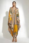 Shop_Rajdeep Ranawat_Yellow Silk Printed Floral V Neck Chloe Cape  _at_Aza_Fashions