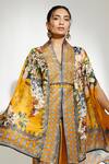 Shop_Rajdeep Ranawat_Yellow Silk Printed Floral V Neck Chloe Cape  _Online_at_Aza_Fashions