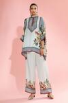 Buy_Rajdeep Ranawat_Blue Silk Floral Band Collar Chanel Printed Poncho Tunic_Online_at_Aza_Fashions