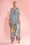 Rajdeep Ranawat_Blue Silk Printed Floral V Neck Kaliza Kaftan  _Online_at_Aza_Fashions