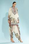 Rajdeep Ranawat_Beige Silk Printed Floral Band Collar Reza Short Kurta _Online_at_Aza_Fashions