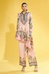 Buy_Rajdeep Ranawat_Peach Silk Floral Shirt Collar Bijili Asymmetric Tunic_at_Aza_Fashions