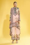 Shop_Rajdeep Ranawat_Peach Silk Printed Floral Band Collar Navya Draped Tunic For Women_Online_at_Aza_Fashions