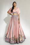 Buy_Rajdeep Ranawat_Peach Dupion Printed Floral V Neck Leela Skirt Set  _at_Aza_Fashions