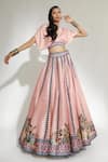 Rajdeep Ranawat_Peach Dupion Printed Floral V Neck Leela Skirt Set  _Online_at_Aza_Fashions