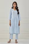 Priya Chaudhary Blue , Kota Floral Embroidery V Neck Kurta Set Online at Aza Fashions Priya Chaudhary_Blue , Kota Floral Embroidery V Neck Kurta Set _Online_at_Aza_Fashions