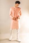 Shop_Aashiana_Peach Cotton Silk Satin Embroidery Geometric Bundi And Kurta Set  _at_Aza_Fashions