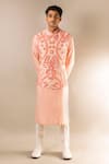 Shop_Aashiana_Peach Cotton Silk Satin Embroidery Thread Bundi And Kurta Set  _at_Aza_Fashions