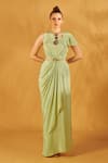 Buy_NA-KA_Green Crepe Asymmetric Draped Neck Gown _at_Aza_Fashions