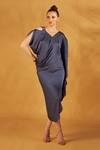 Buy_NA-KA_Blue Satin Silk V Neck Draped Dress _at_Aza_Fashions