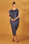 NA-KA_Blue Satin Silk V Neck Draped Dress _Online_at_Aza_Fashions