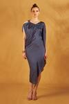 Buy_NA-KA_Blue Satin Silk V Neck Draped Dress _Online_at_Aza_Fashions
