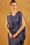 Shop_NA-KA_Blue Satin Silk V Neck Draped Dress _Online_at_Aza_Fashions
