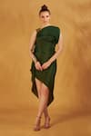 NA-KA_Green Crepe Asymmetric Draped Neck Dress _Online_at_Aza_Fashions