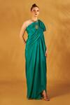 Na-Ka_Green Crepe Draped One Shoulder Gown_Online_at_Aza_Fashions