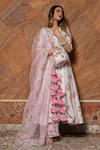 POMCHA JAIPUR_Grey Printed Floral V Neck Anarkali Set _Online_at_Aza_Fashions