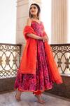 POMCHA JAIPUR_Orange Printed Floral Sweetheart Neck Anarkali Set _Online_at_Aza_Fashions