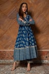 Buy_POMCHA JAIPUR_Blue Cotton Hand Block Print Floral Motifs V Neck Angarkha Set _at_Aza_Fashions