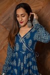 Buy_POMCHA JAIPUR_Blue Cotton Hand Block Print Floral Motifs V Neck Angarkha Set _Online_at_Aza_Fashions