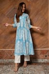 POMCHA JAIPUR_Blue Cotton Floral V Neck Kurta And Pant Set For Women_Online_at_Aza_Fashions