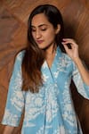 Shop_POMCHA JAIPUR_Blue Cotton Floral V Neck Kurta And Pant Set _Online_at_Aza_Fashions