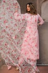 POMCHA JAIPUR_Pink Pure Cotton Lace Trims Notched Kurta Set _Online_at_Aza_Fashions