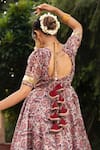 Shop_Pomcha Jaipur_Maroon Organza And Cotton Floral Print Leaf Neck Hand Block Anarkali Set _at_Aza_Fashions