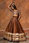POMCHA JAIPUR_Brown Cotton Silk Embellished Gota Leaf Neck Bridal Lehenga Set_Online_at_Aza_Fashions