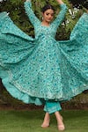 Buy_Pomcha Jaipur_Green Cotton Floral Motifs Square Neck Hand Block Print Anarkali Set _Online_at_Aza_Fashions