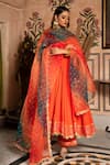 POMCHA JAIPUR_Orange Cotton And Organza Bandhej V Neck Anarkali Set _Online_at_Aza_Fashions