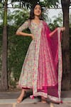 Buy_POMCHA JAIPUR_Pink Cotton And Soft Net Print Hand Block Leaf Neck Anarkali Pant Set _at_Aza_Fashions