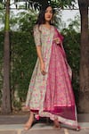 POMCHA JAIPUR_Pink Cotton And Soft Net Print Hand Block Leaf Neck Anarkali Pant Set _Online_at_Aza_Fashions