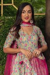 Shop_POMCHA JAIPUR_Pink Cotton And Soft Net Print Hand Block Leaf Neck Anarkali Pant Set _Online_at_Aza_Fashions