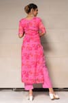 Shop_POMCHA JAIPUR_Pink Chinnon Chiffon And Cotton Floral Leaf Neck Kurta Pant Set _at_Aza_Fashions