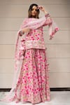 Pomcha Jaipur_Pink Soft Net Hand Block Print Skirt Kurta Set_Online_at_Aza_Fashions