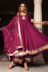 Buy_POMCHA JAIPUR_Maroon Cotton Round Anarkali Palazzo Set _at_Aza_Fashions