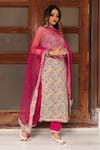 POMCHA JAIPUR_Pink Cotton And Soft Net Print Hand Block V Neck Kurta Pant Set _Online_at_Aza_Fashions