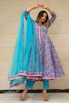 POMCHA JAIPUR_Blue Cotton Print Hand Block Notched Anarkali Set _Online_at_Aza_Fashions