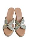 Shop_Cinderella By Heena Yusuf_Beige Embroidered Braided Wedges _at_Aza_Fashions