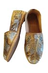 Buy_Cinderella by Heena Yusuf_Gold Pu Vivid Embroidered Shoes_at_Aza_Fashions