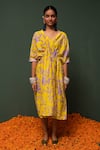 Buy_Chrkha_Yellow Chanderi Silk Printed Floral V Neck Dress _at_Aza_Fashions