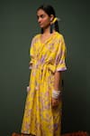 Chrkha_Yellow Chanderi Silk Printed Floral V Neck Dress _Online_at_Aza_Fashions